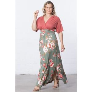 Kiyonna Dress Maxi 1X Havana Color Block Style Flutter Sleeves Floral Slits